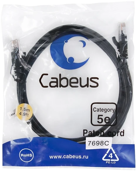 Патч-корд Cabeus PC-UTP-RJ45-CAT.5E-1M-BK-LSZH U/UTP RJ-45 вил.-вилка RJ-45 кат.5E 1м черный LSZH