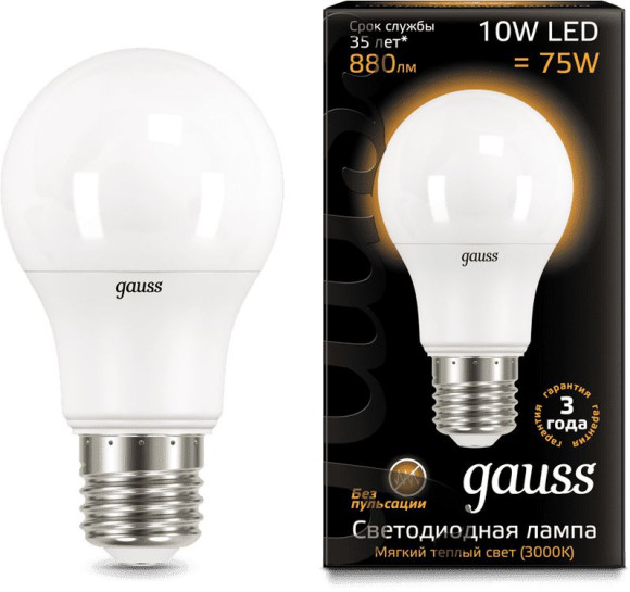 Лампа светодиодная Gauss A60 10Вт цок.:E27 груша 220B 4100K св.свеч.бел.нейт. A60 (упак.:1шт) (102502210)